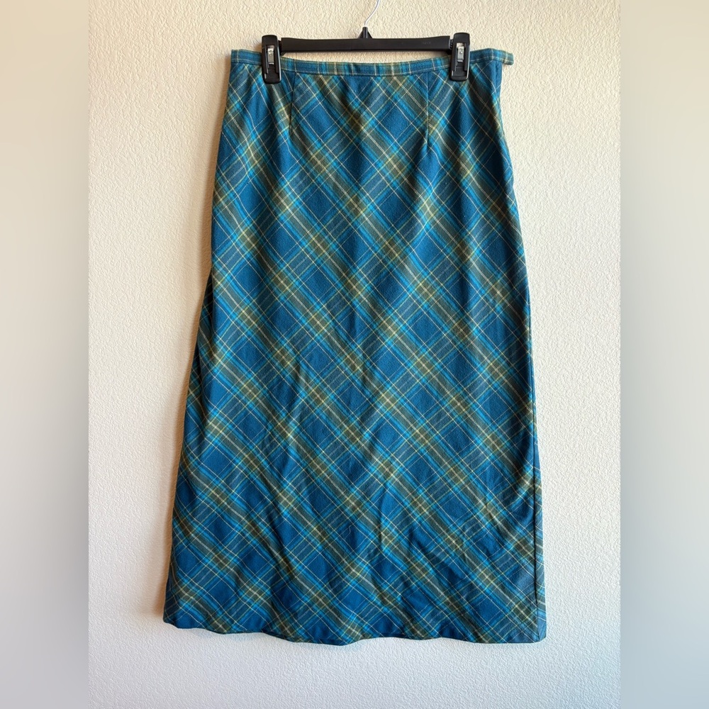 vintage blue and green plaid midi skirt